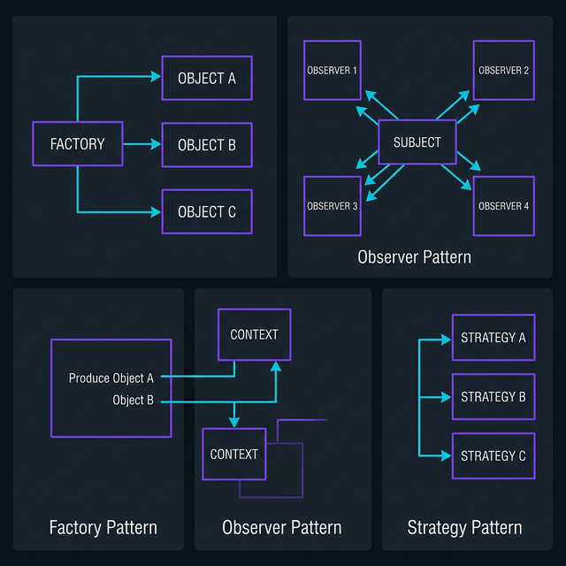 Three core design patterns: Factory, Observer, and Strategy