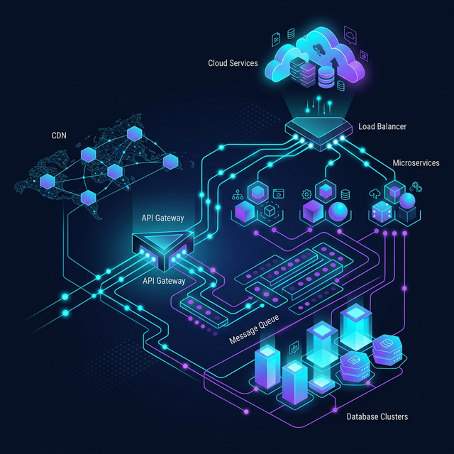 Distributed system architecture with cloud services, load balancers, and microservices