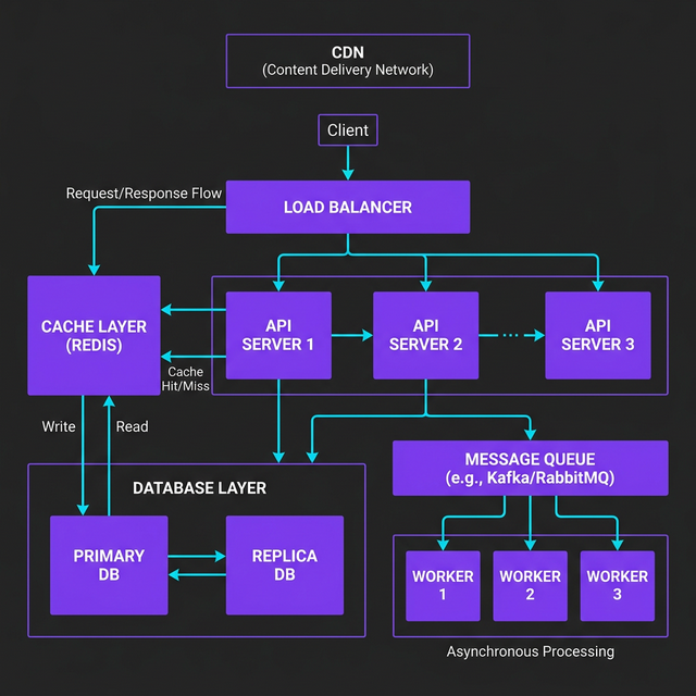 System design architecture diagram showing CDN, Load Balancer, API Servers, Cache, Database, and Message Queue